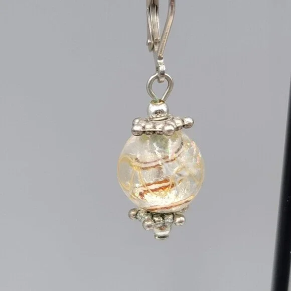 Yellow Swirl Glass Bead Pierced Earrings Silver tone Dangle 3/4" - Picture 2 of 9